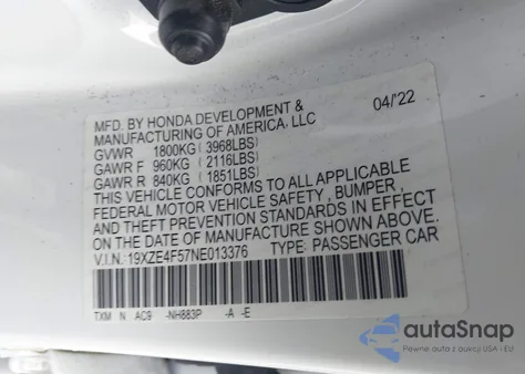 2022 Honda Insight Ex z USA, uszkodzony, nr VIN 19XZE4F57NE013376